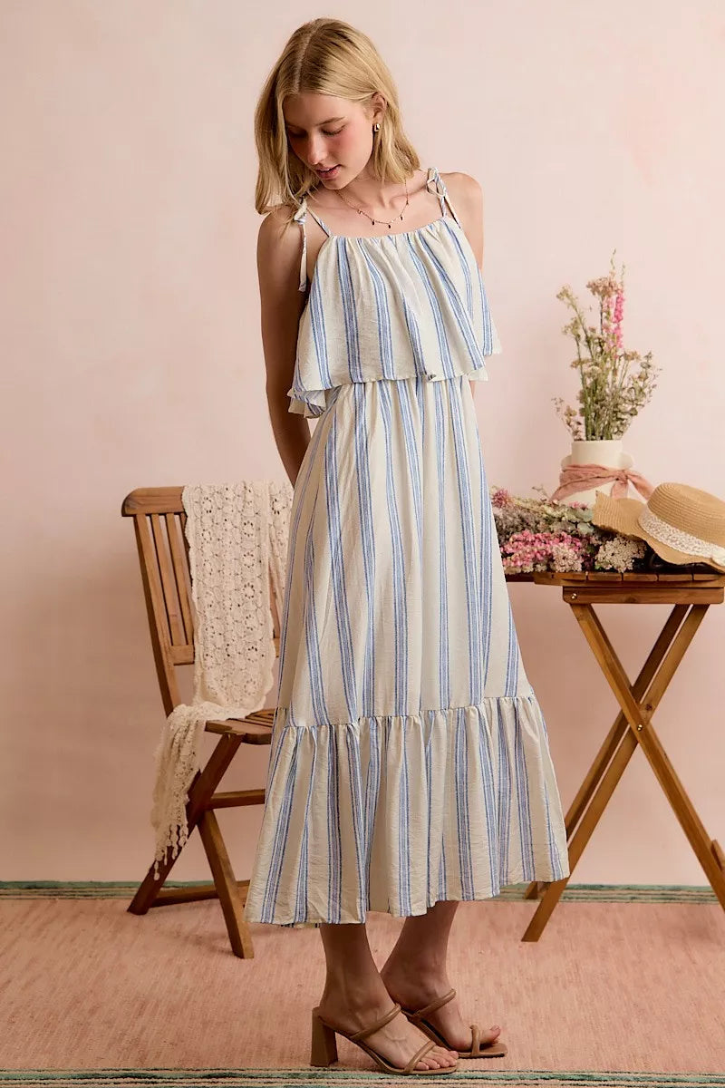 Women's Striped Tiered Shoulder Tie Midi Dress - Midi Dresses