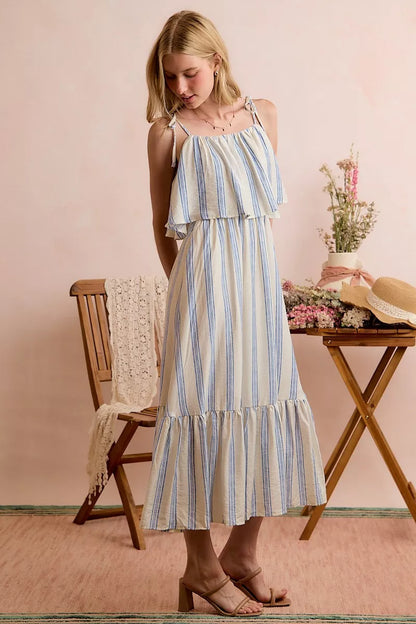 Women's Striped Tiered Shoulder Tie Midi Dress - Midi Dresses