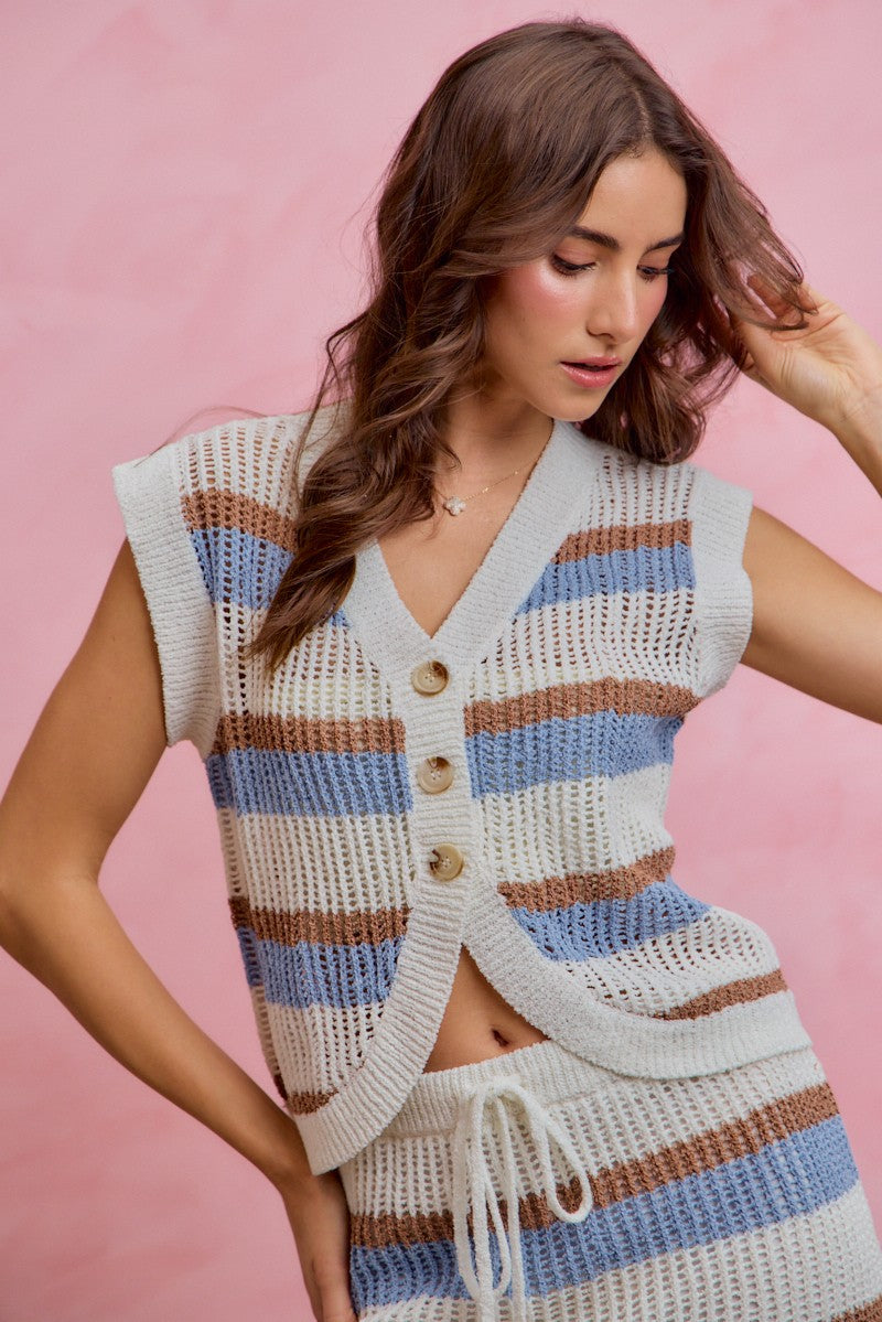 Multi-Color Stripe V-Neck Low Gauge Knit Sweater Vest — Breathable Casual Everyday Style - Knit Vests