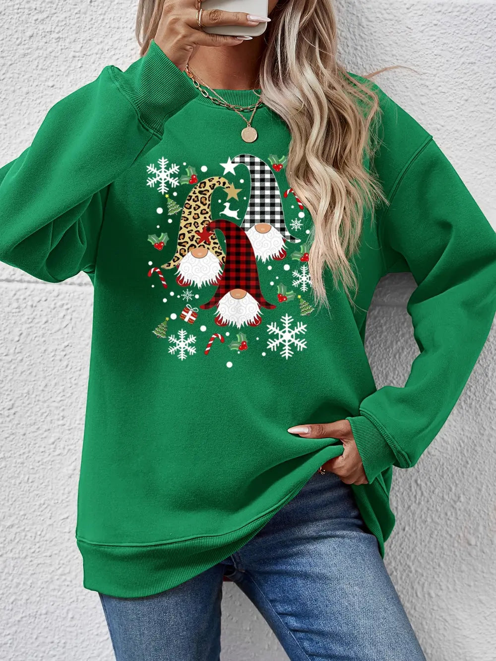 Faceless Gnomes Graphic Drop-Shoulder Sweatshirt Green