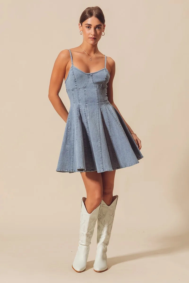 A Line Fit And Flare Denim Bow Ties Mini Dress | Trendy Mini Dresses Outfit Idea for Women by Ro + Ivy | Elevated Basics, Modern Comfort & Style