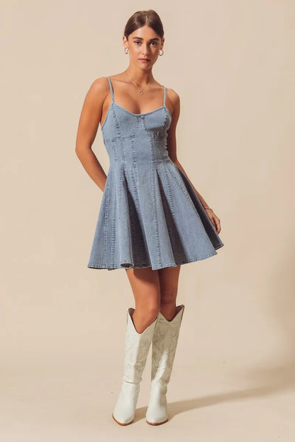 A Line Fit And Flare Denim Bow Ties Mini Dress | Trendy Mini Dresses Outfit Idea for Women by Ro + Ivy | Elevated Basics, Modern Comfort & Style