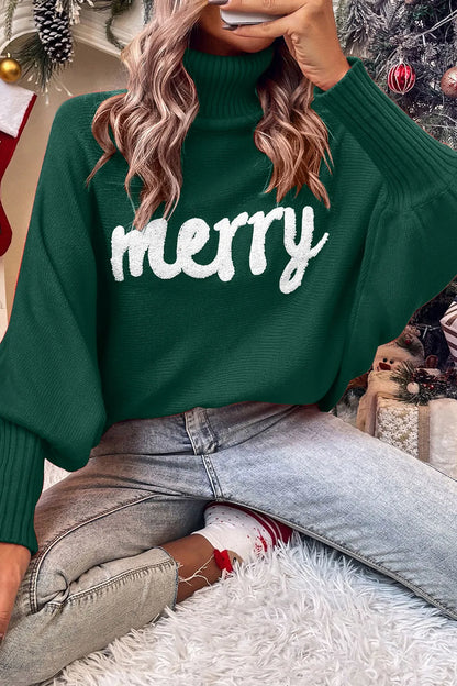 Dark Green "Merry" Turtleneck Dolman Sleeves Christmas Sweater | Trendy Sweaters Outfit Idea for Women by Ro + Ivy | Elevated Basics, Modern Comfort & Style