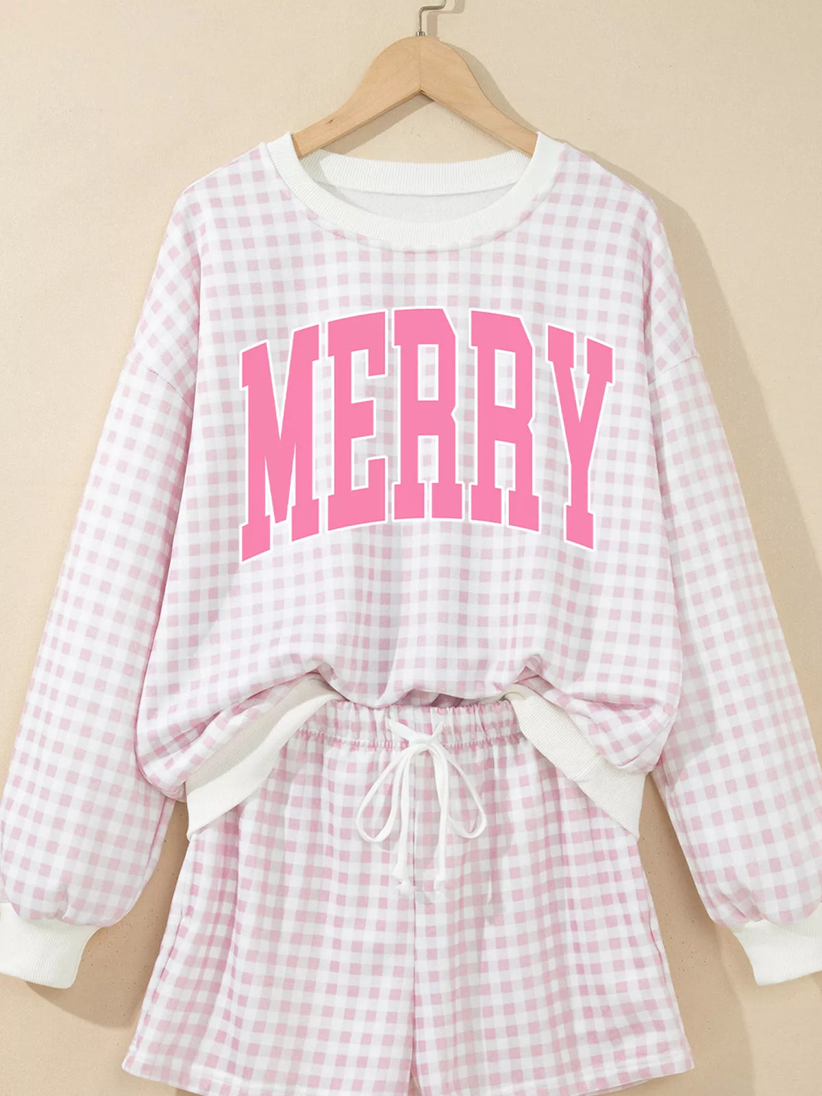 Plaid Merry Lettering Two-Piece Lounge Set with Long-Sleeve Top and Drawstring Shorts
