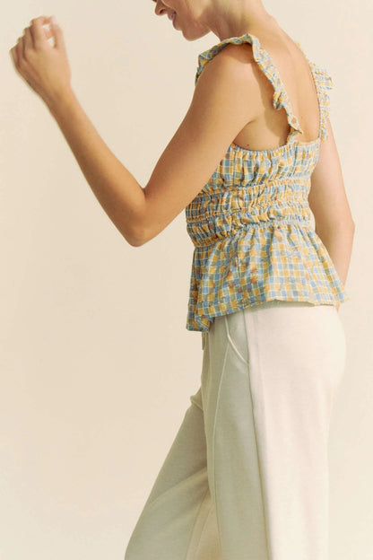 Plaid Ruffled Strap Smocked Sleeveless Top – outfit idea for women | Ro + Ivy
