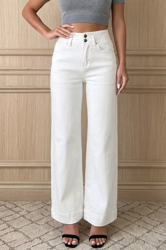 Women's 2 Button High Waist Wide Leg Jeans White