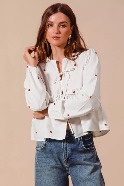 Front Tie Heart Embroidered Blouse With Puff Sleeve - Blouses