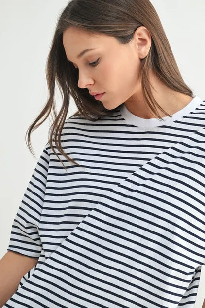 100% Cotton Coastal Striped Oversized Crewneck T-Shirt - T-Shirts