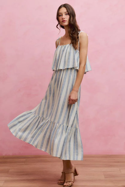 Women's Striped Tiered Shoulder Tie Midi Dress - Midi Dresses