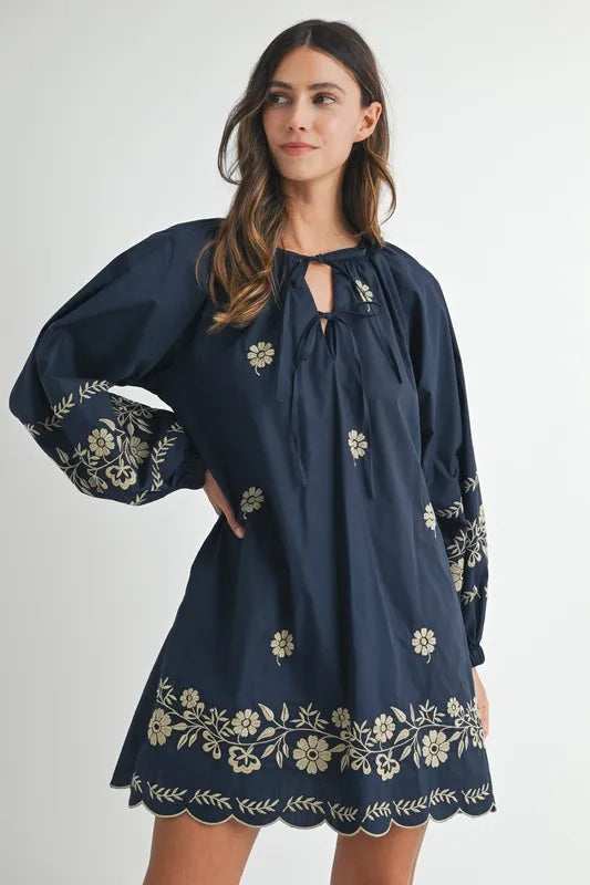 Embroidered Long Sleeve Peasant Mini Dress – Navy outfit idea for women | Ro + Ivy