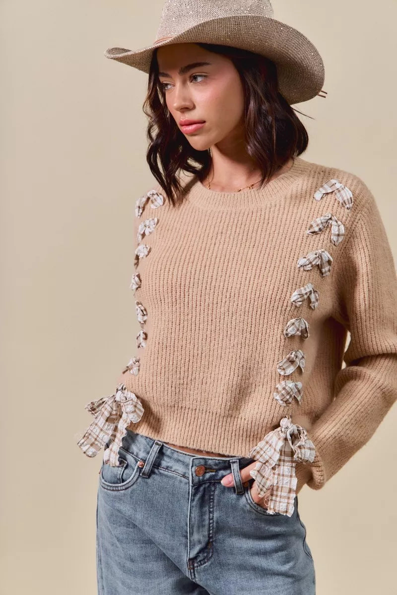 Checkered Plaid Tape Lace Up Ribbed Sweater - Sweaters