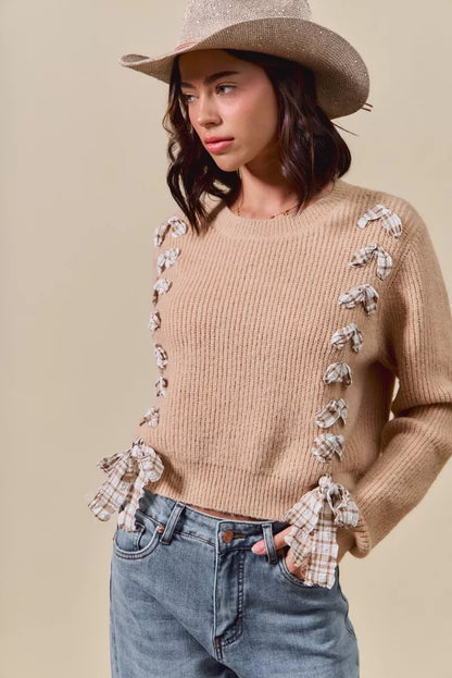 Checkered Plaid Tape Lace Up Ribbed Sweater - Sweaters