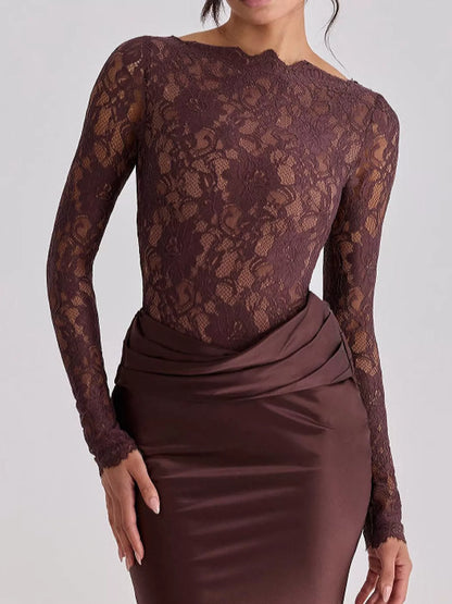 Long-Sleeve Bodycon Maxi Dress with Sheer Lace, Satin Patchwork and Ruched Details