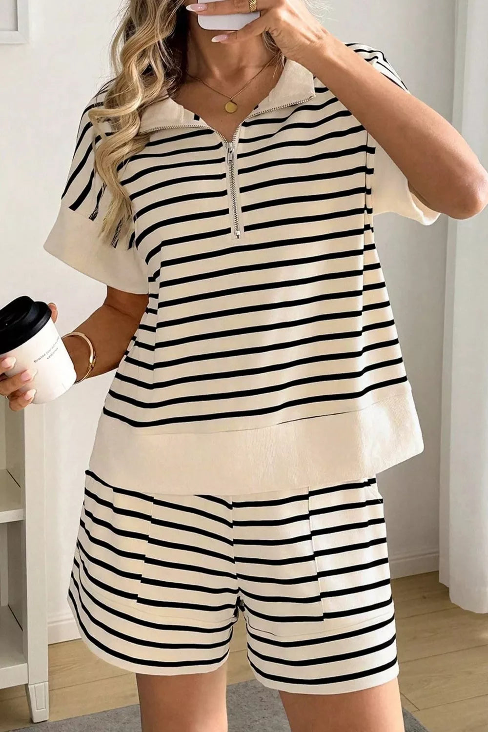 Women's Striped Half Zip Top and Shorts Set - Activewear Sets