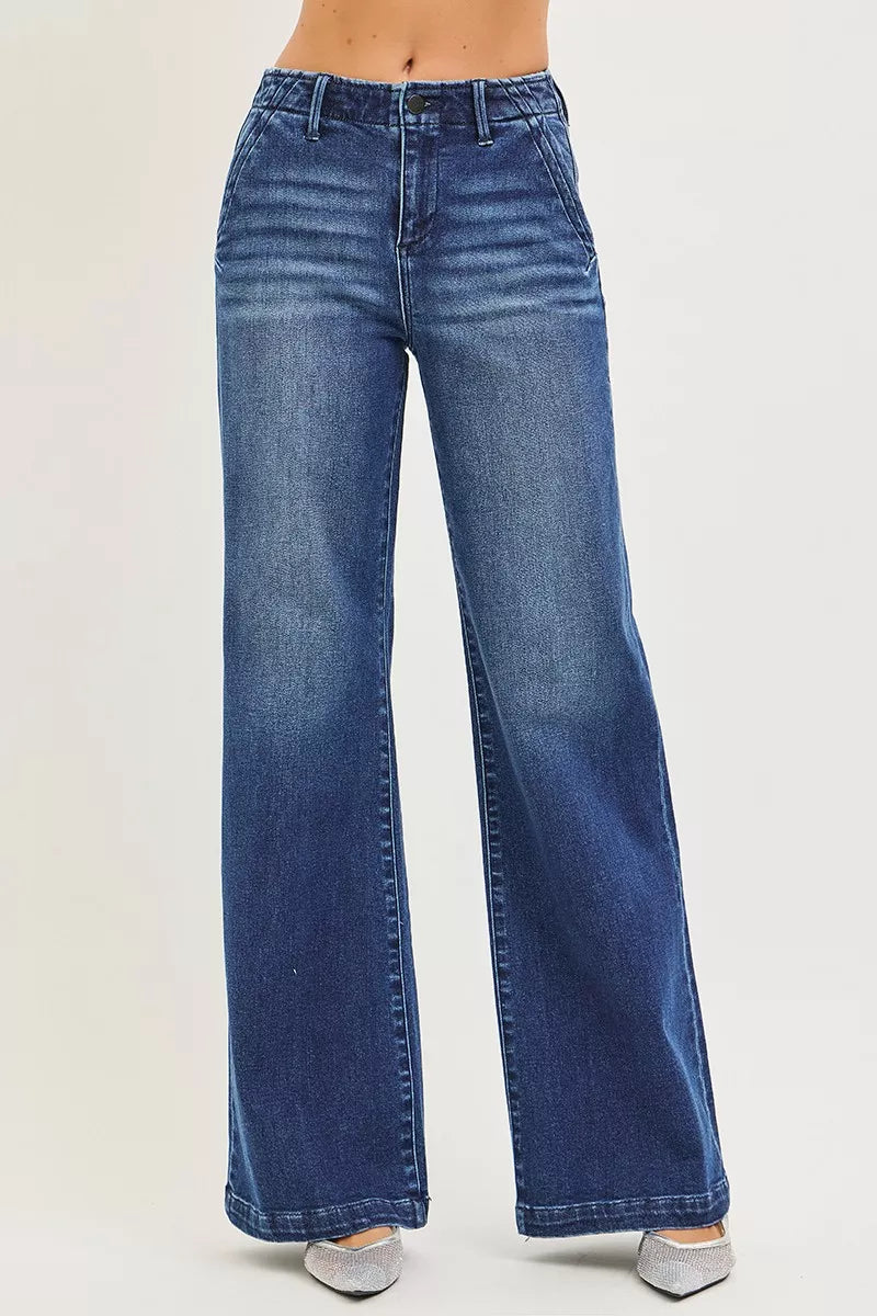 High Rise Wide Leg Jeans with Slanted Pockets - Jeans