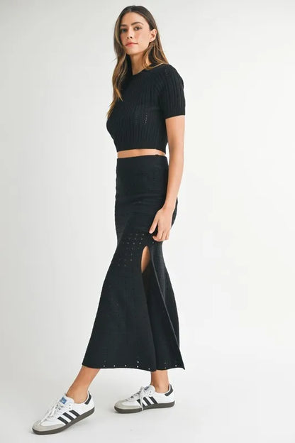 Pointelle Short Sleeve Crop Top And Slit Skirt Sweater Set – outfit idea for women | Ro + Ivy