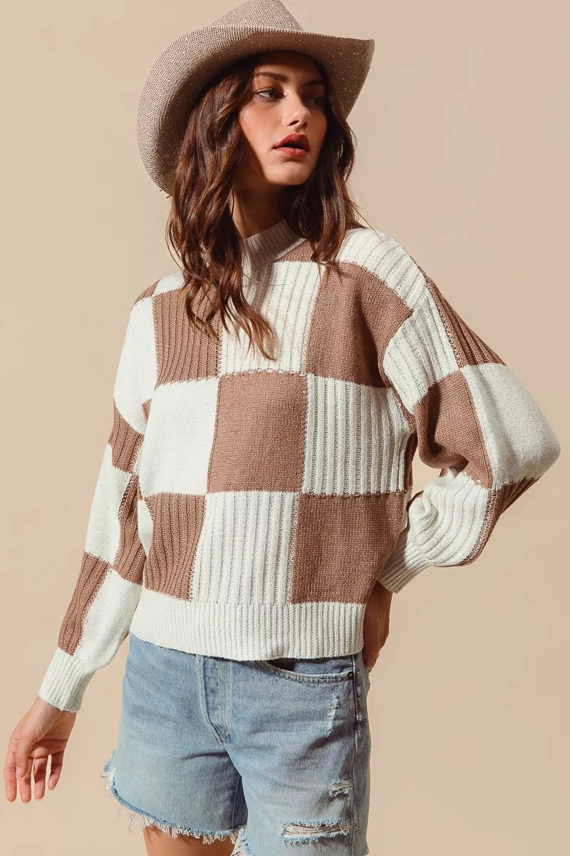 Ribbed Color Block Checkered Plaid Sweater - Sweaters