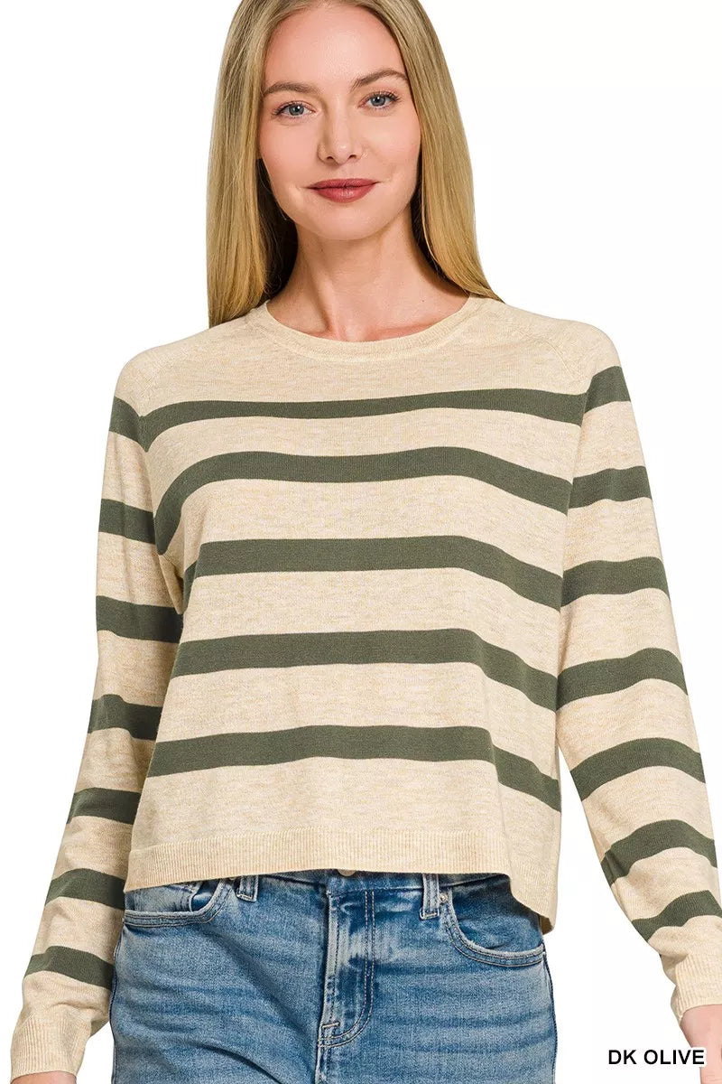 Lightweight Wool Blend Striped Round Neck Pullover Sweater — Soft Warm Timeless Everyday Style - Sweaters