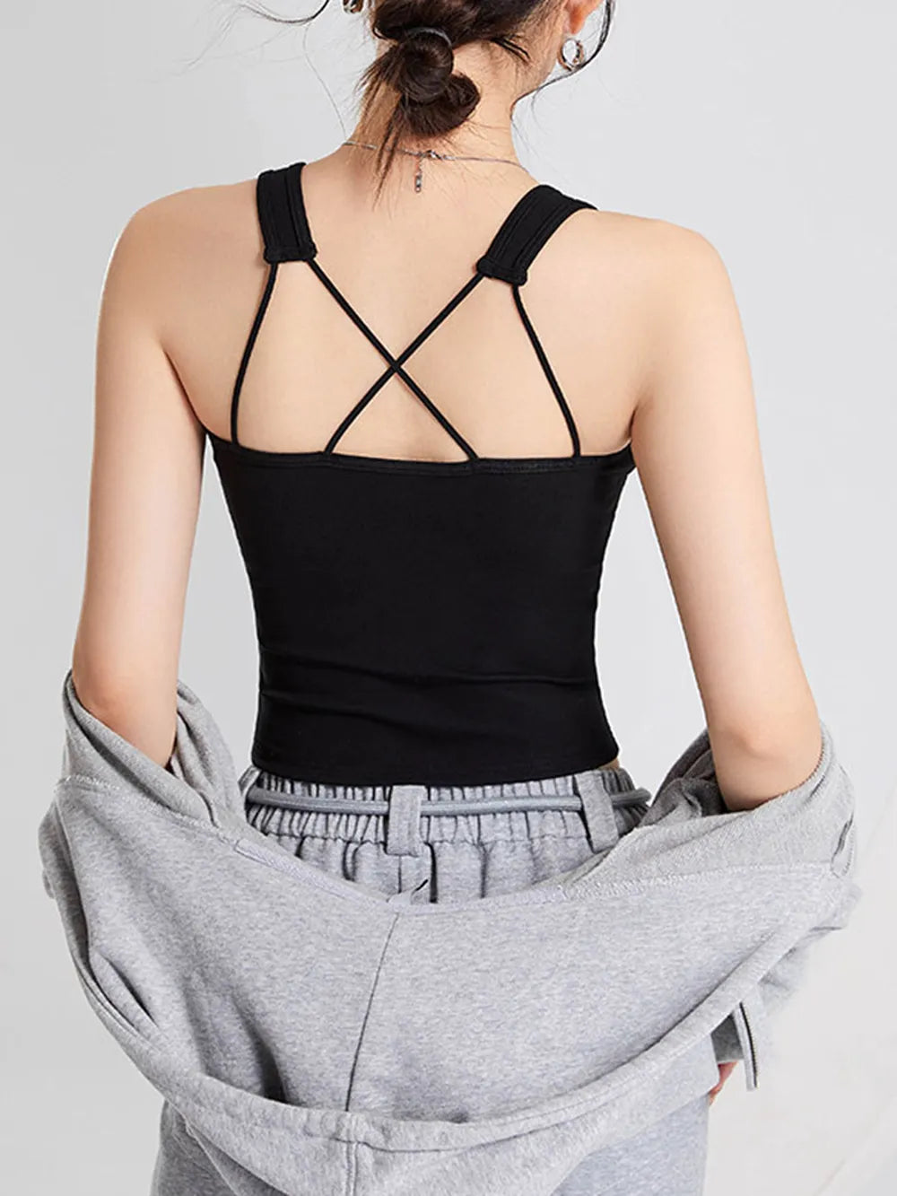 Women's Crisscross Scoop Neck Wide Strap Cropped Tank, Built-In Chest Pads - Crop Tops