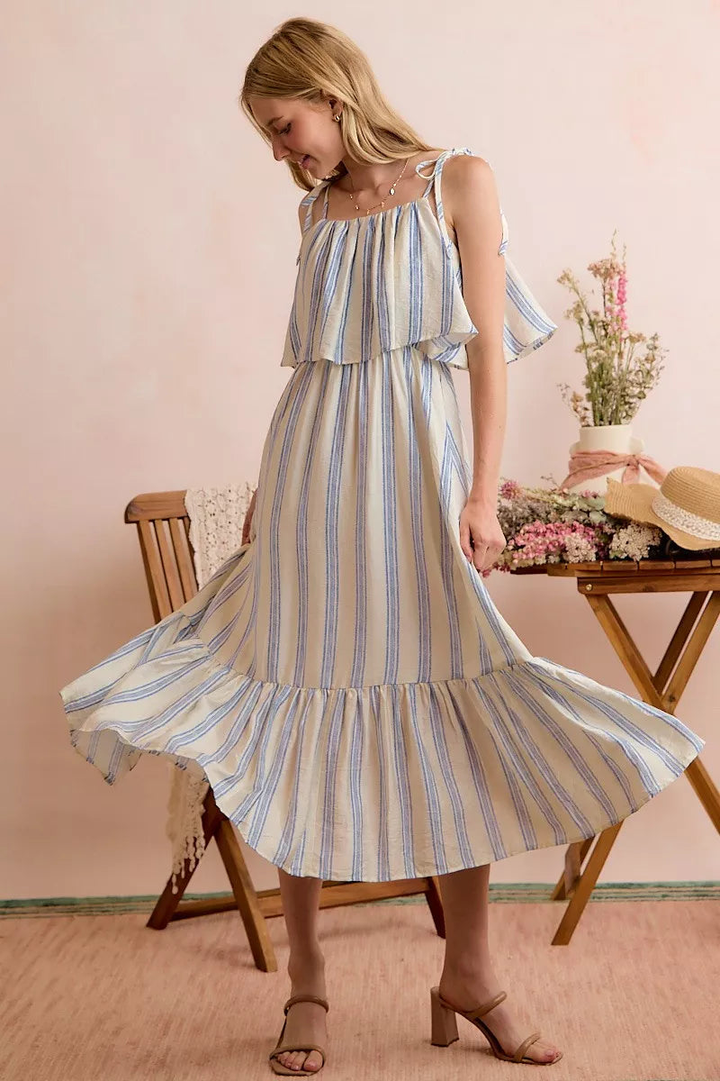 Women's Striped Tiered Shoulder Tie Midi Dress - Midi Dresses