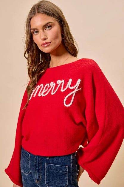 Red "Merry" Lettering Lightweight Boatneck Christmas Top | Trendy Tops Outfit Idea for Women by Ro + Ivy | Elevated Basics, Modern Comfort & Style