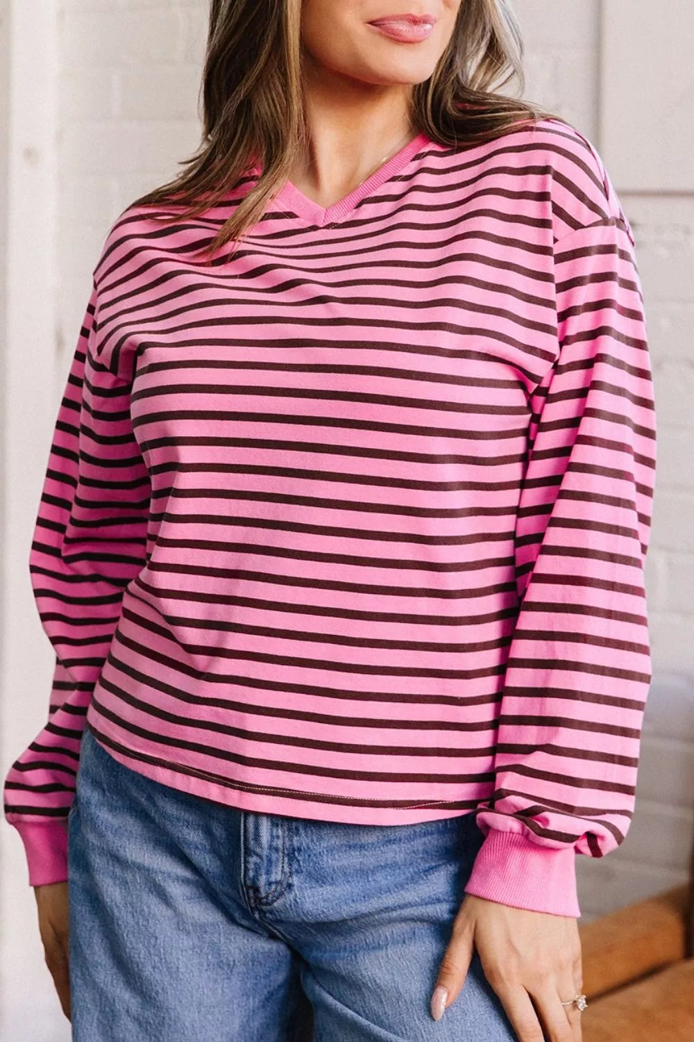 Women's Striped V-Neck Drop Shoulder Long Sleeve Top - Tops