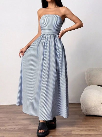 Strapless Featherweight Cotton Striped Maxi Dress - Maxi Dresses