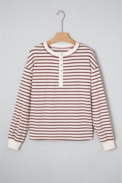 Red Dahlia Long Sleeve Striped Button Front Henley Top | Trendy Tops Outfit Idea for Women by Ro + Ivy | Elevated Basics, Modern Comfort & Style