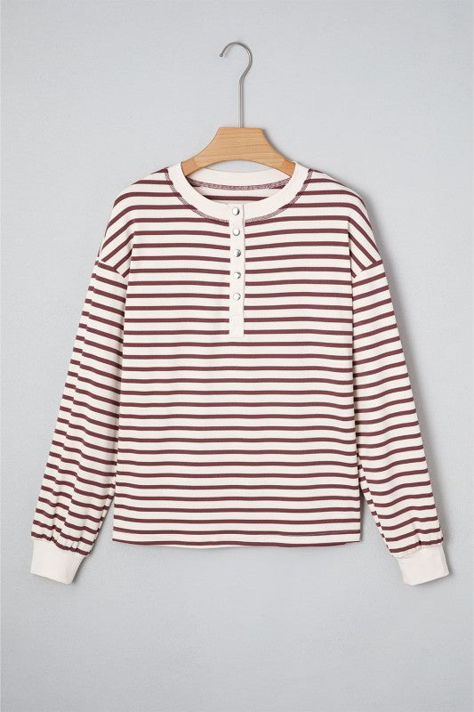 Red Dahlia Long Sleeve Striped Button Front Henley Top | Trendy Tops Outfit Idea for Women by Ro + Ivy | Elevated Basics, Modern Comfort & Style