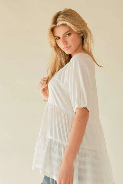 Ruffled Flared Short Sleeve V Neck Blouse – outfit idea for women | Ro + Ivy