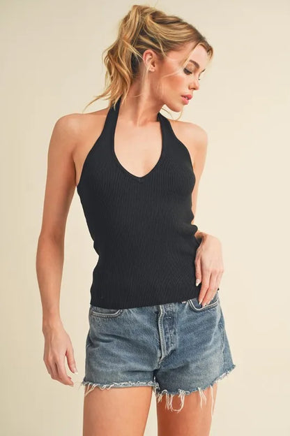 Ribbed Halter Neck Top in Black - Tank Tops