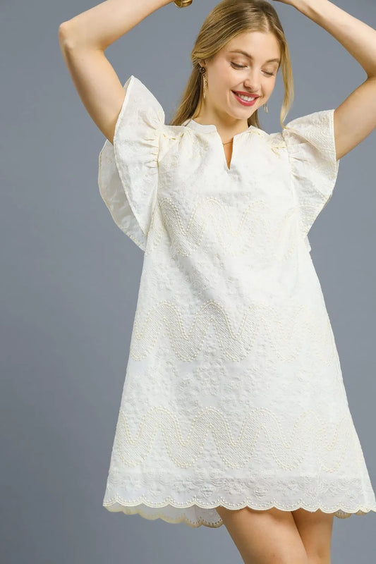 Scalloped Hem Embroidered Mini Dress – White outfit idea for women | Ro + Ivy