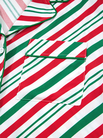 Striped Christmas Pajama Set with Velvet Ribbon Knots and Button-Front Top