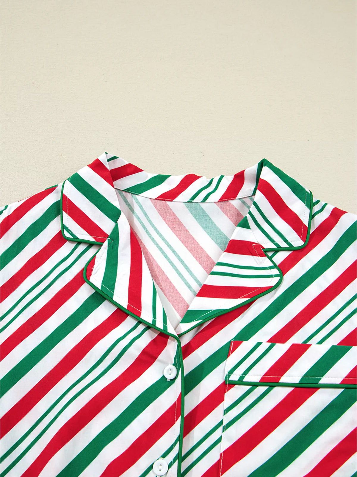 Striped Christmas Pajama Set with Velvet Ribbon Knots and Button-Front Top
