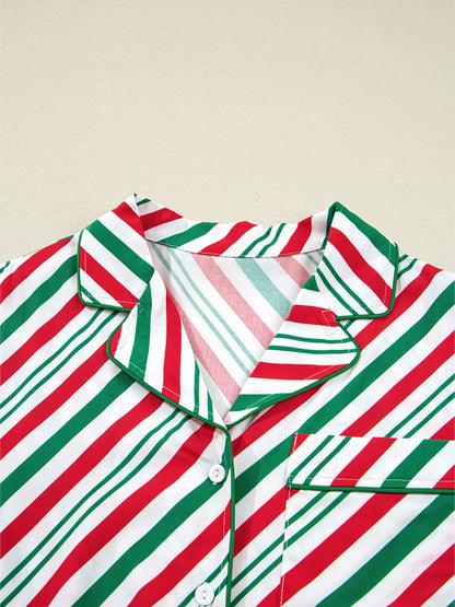 Striped Christmas Pajama Set with Velvet Ribbon Knots and Button-Front Top