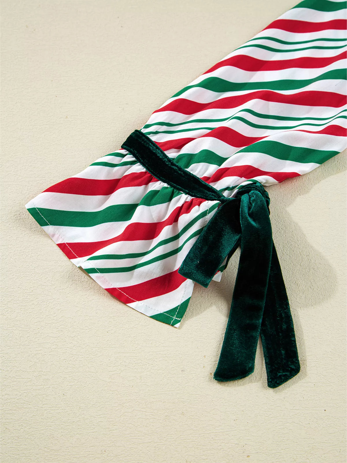 Striped Christmas Pajama Set with Velvet Ribbon Knots and Button-Front Top