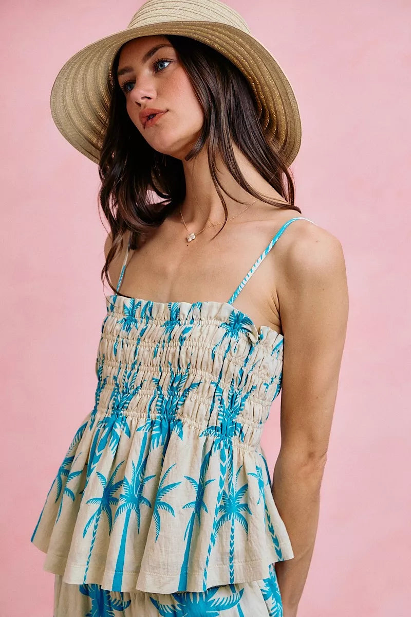 Women's Palm Tree Print Smocked Cami Top - Cami Tops