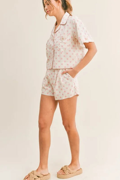 Polka Dot Collar Crop Top And Short Lounge Set - Loungewear