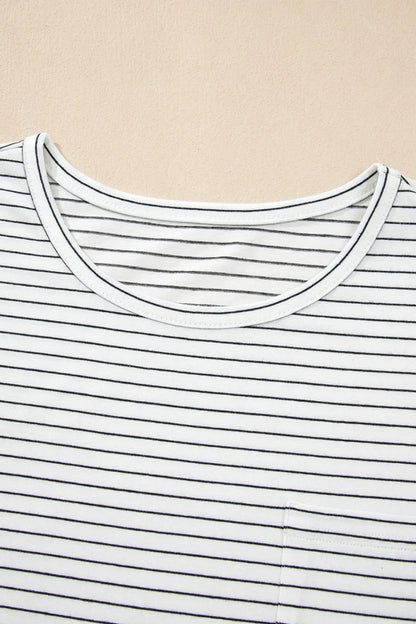 Stripe Short Sleeve Crew Neck Casual Tee With Chest Pocket - Shirts