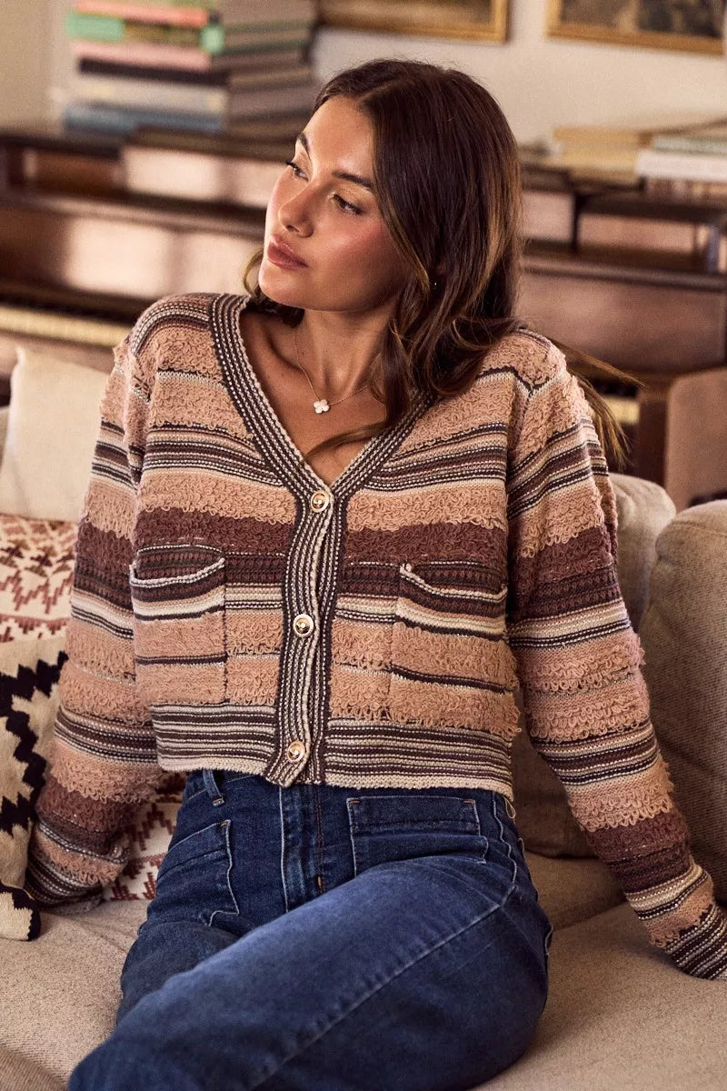 Textured Variegated Multi Color Cardigan - Cardigans