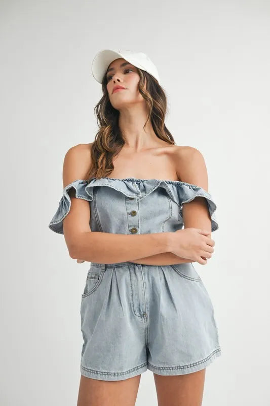 Off Shoulder Ruffle Detail Denim Romper - Rompers