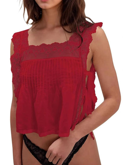 Women's Lace Trim Eyelet Square Neck Top - Red Blouses
