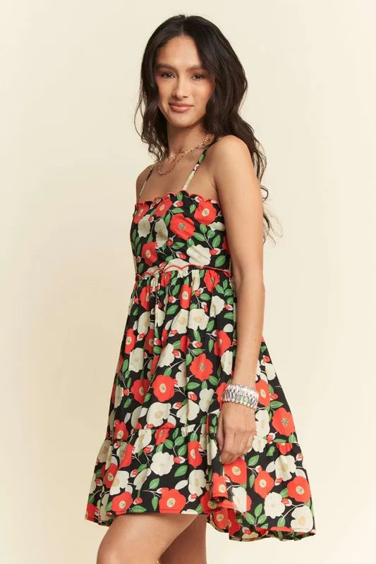 100% Cotton Scalloped Floral Mini Dress - Mini Dresses