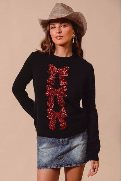 BLACK RED Bow Sequins Round Neck Long Sleeve Sweater in Black | Trendy Sweaters Outfit Idea for Women by Ro + Ivy | Elevated Basics, Modern Comfort & Style