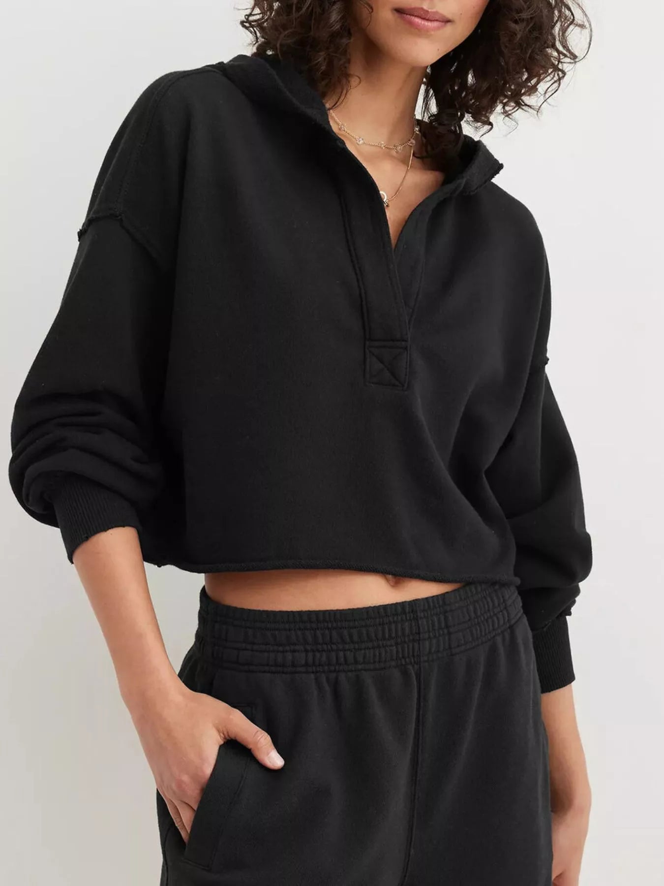 Exposed Seam Dropped Shoulder Hoodie - Black Pullover Hoodies