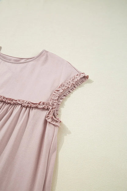 Frilled Trim Crew Neck Short Sleeve Loose Mini Dress - Mini Dresses