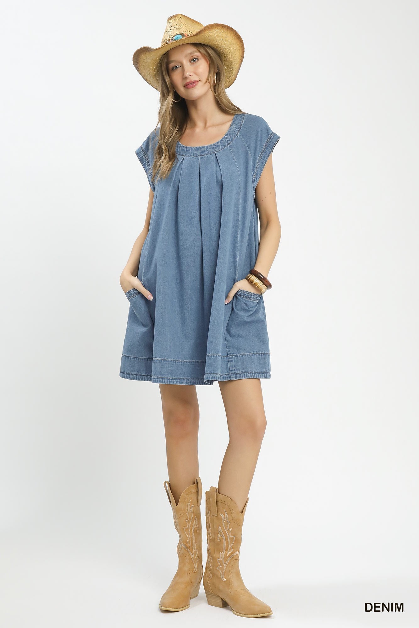 Cotton Stone Washed Denim Mini Dress - Mini Dresses