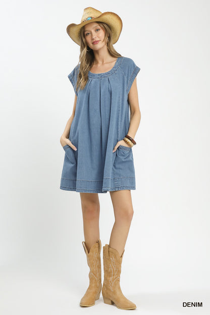 Cotton Stone Washed Denim Mini Dress - Mini Dresses