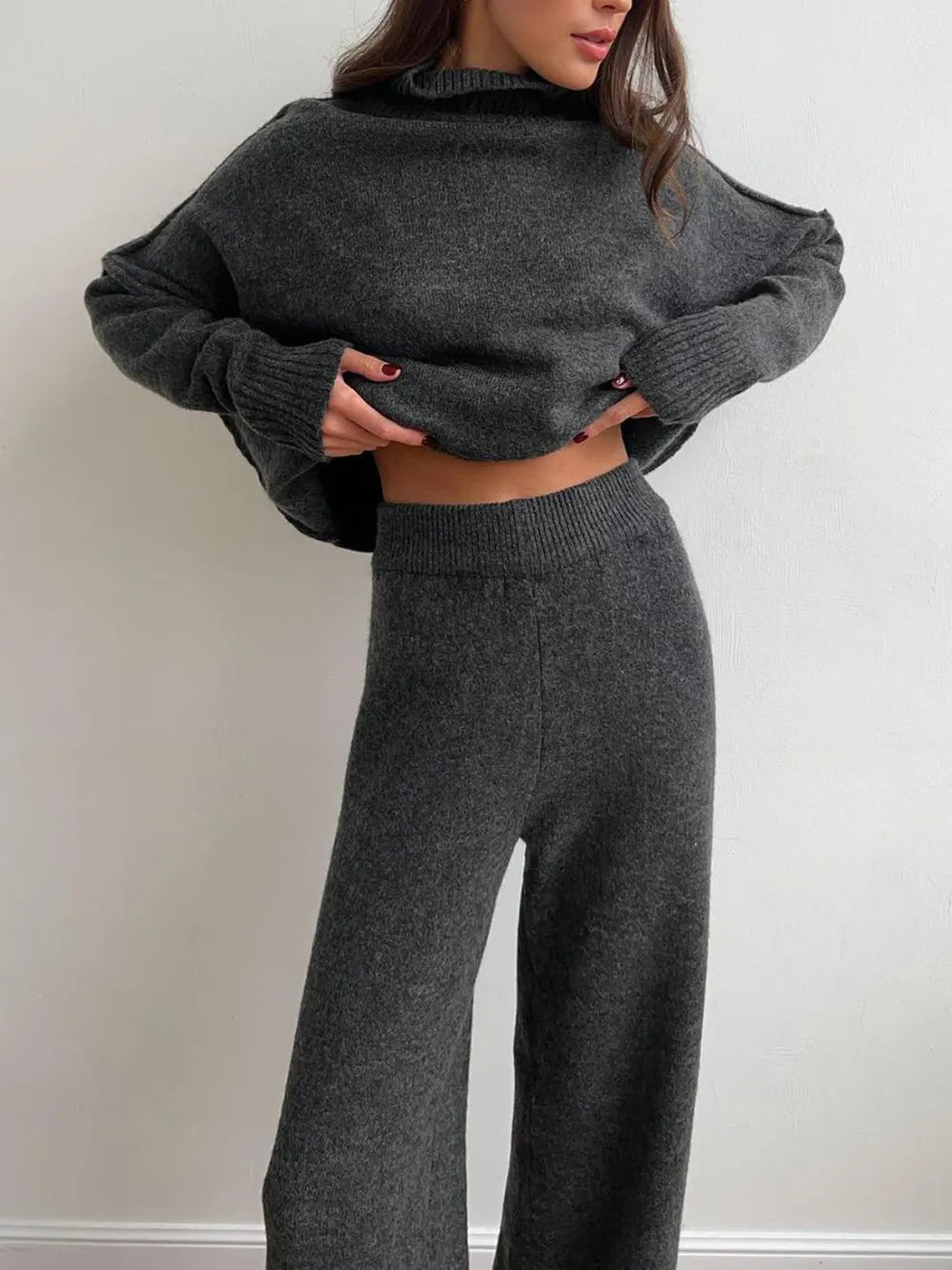 Long Sleeve Turtleneck Top with Slit and Pants Loungewear Set - Dark Gray One Size Loungewear Sets
