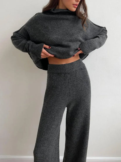 Long Sleeve Turtleneck Top with Slit and Pants Loungewear Set - Dark Gray One Size Loungewear Sets